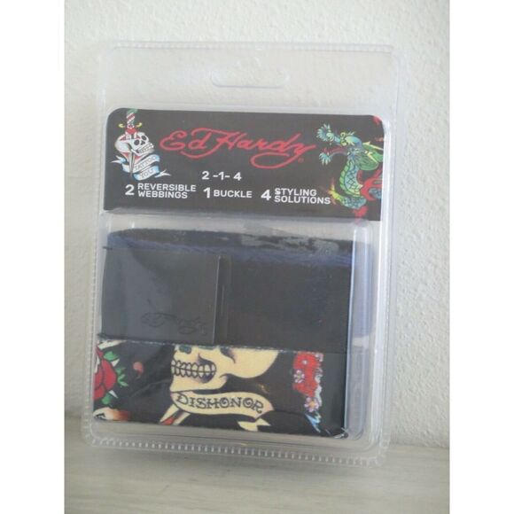 Ed Hardy 2 Reversible Belts Blue & Charcoal w/ Black Buckle 4 Designs Skulls - Picture 1 of 6